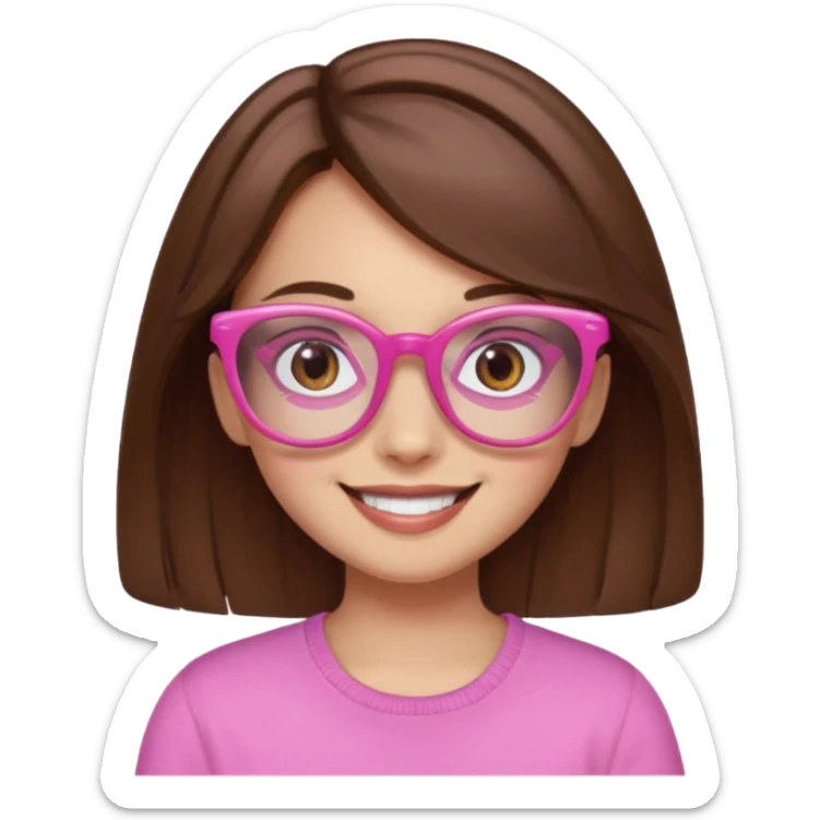 girl with medium brown hair and brown eyes, wearing pink glasses, smiling sticker