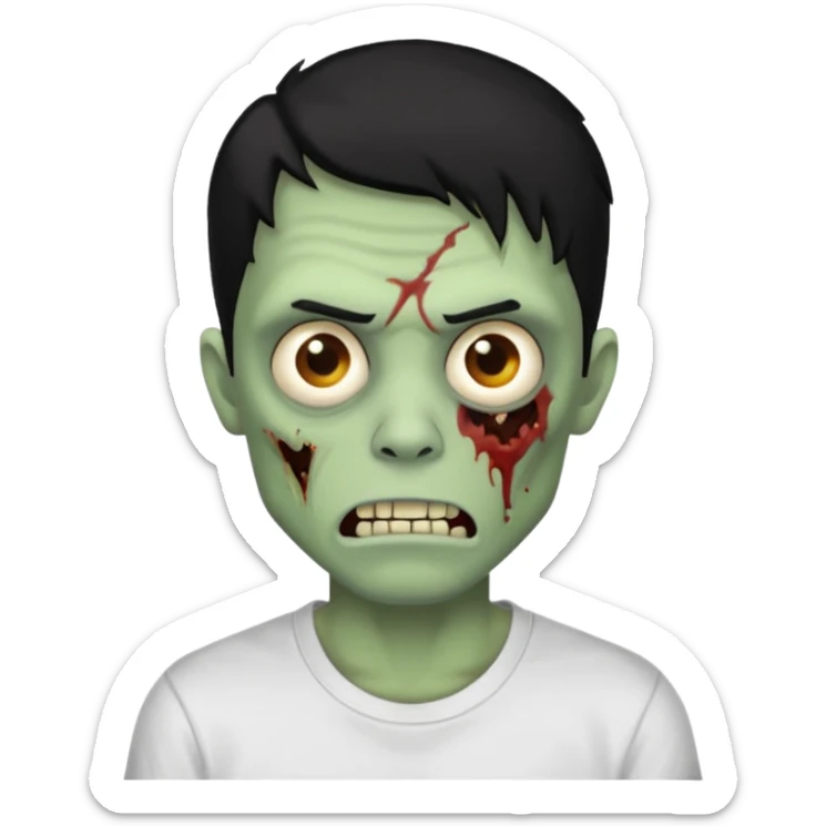 Rosto de frente classico de zombie boca meio torta cabelos medios pretos low fade com pele verde clara camiseta branca sticker