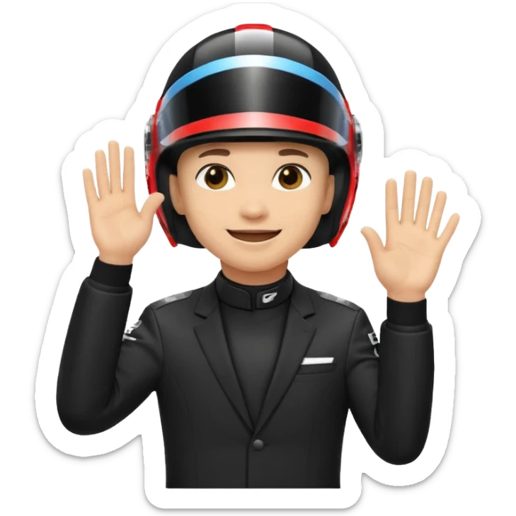 A red-bull f1 driver wearing the f1 black suit and helmet raising his hand as he celebrate sticker