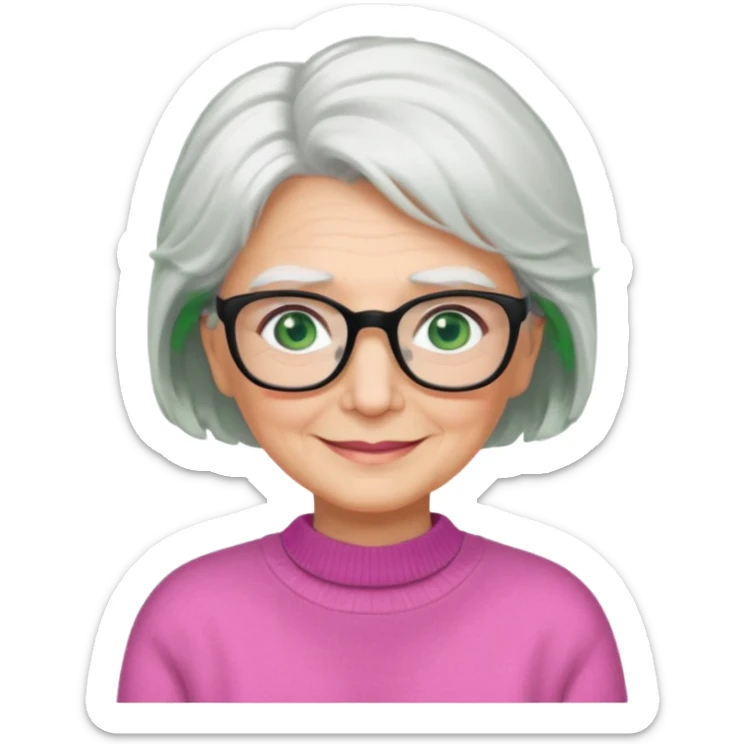 White hair grandma, green eyes, hair to shoulder, lokeg black glasses, rectangles face, smile , sticker