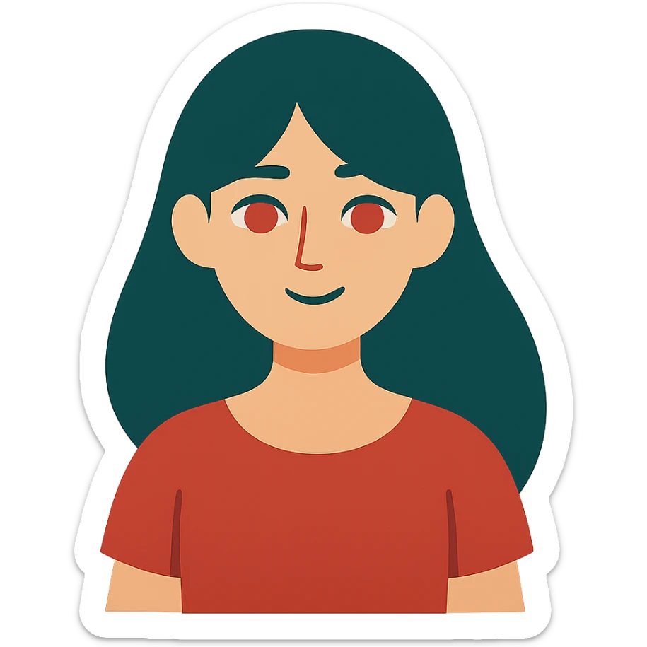 flat design style girl with dark green hair, red eyes, and a red dress sticker