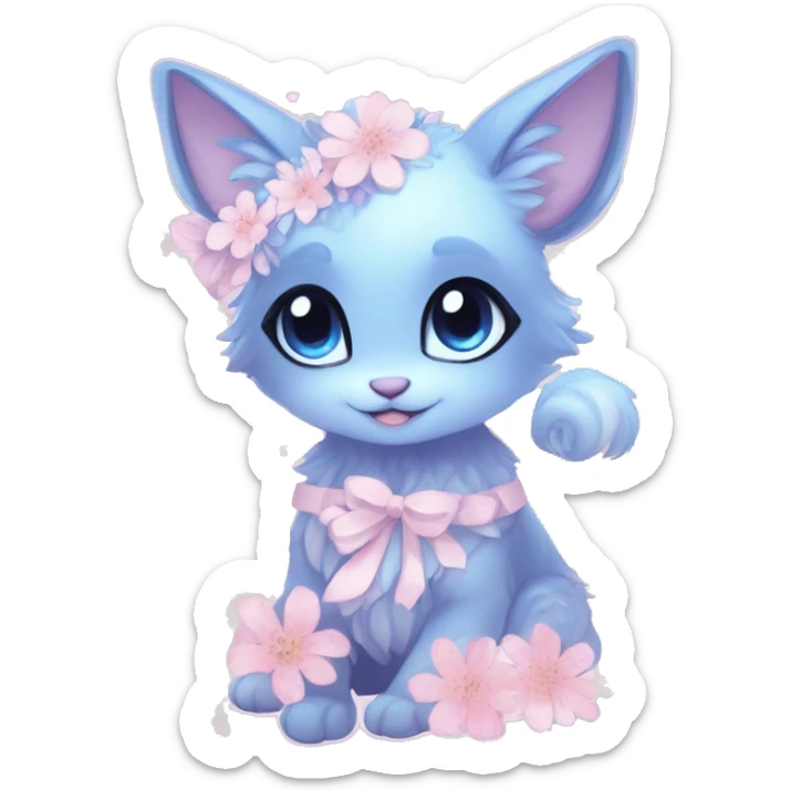 Anthro Cute Cool Blushing Pastel Innocent Shy Kawaii gorgeous sparkly ethereal fantasy anime animal creature with blue eyes furry sona with flowers and ribbons beautiful aesthetic sticker