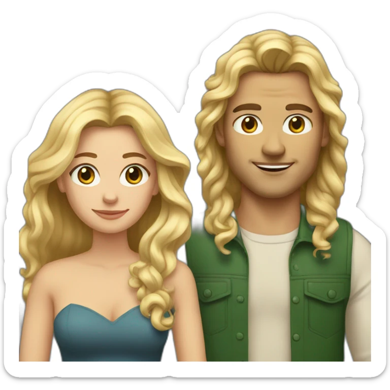 An american couple. The woman is blonde and has blue eyes and long wavy hair. The man has brown, wild hair, his left ear is perced. His eyes are green sticker
