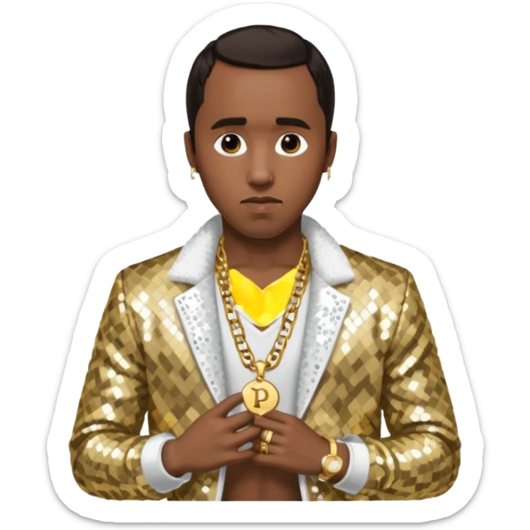 P. Diddy with dark brown hair, white sequin jacket, shirtless with necklace sticker