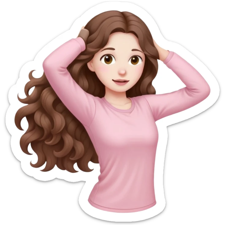 A girl with long brown wavy hair and pale pink clothes is stretching sticker
