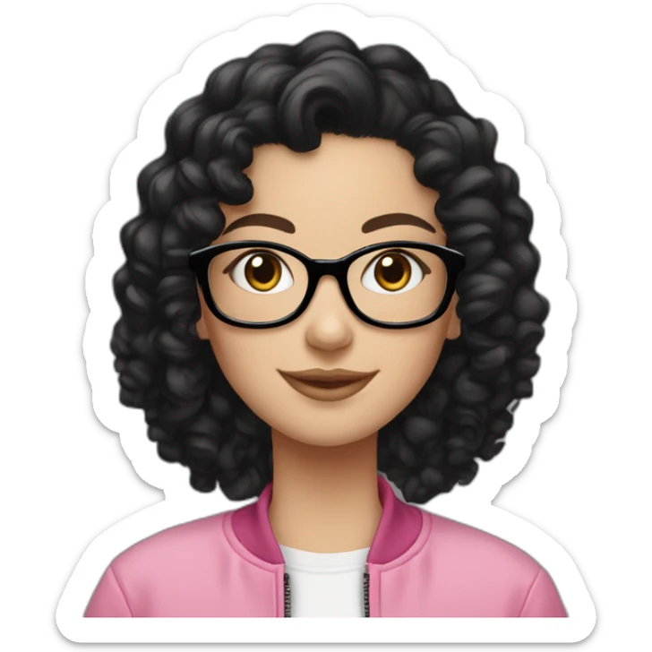 white Girl with black curly hair, ear piercings and smile,pink fleece jacket and glasses on her head sticker