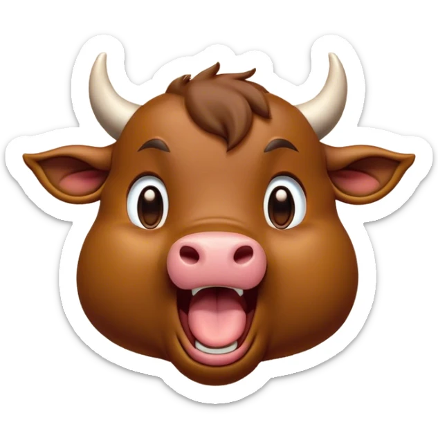 Cinematic Cute Yawning Brown Bull Portrait Emoji, Head tilted slightly with a dramatic, wide-open yawn, showcasing a smooth, rich brown hide with a subtle texture, floppy ears slightly drooping, round dark eyes barely open in drowsy contentment, Simplified yet irresistibly adorable features, highly detailed, glowing with a soft, cozy glow, high shine, relaxed yet expressive, stylized with a touch of rugged whimsy, bright and endearing, soft glowing outline, capturing the essence of a sleepy yet affectionate guardian, so drowsy it feels like it could charge right out of the screen and curl up for a nap! sticker