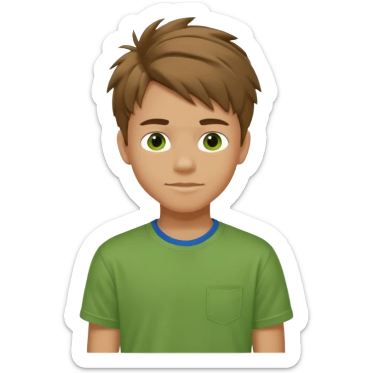 A 14 yerar old teenage boy, slightly tanned, wearing a green tshirt, blue jeans and green sneakers with brown tousled hair, smirking sticker