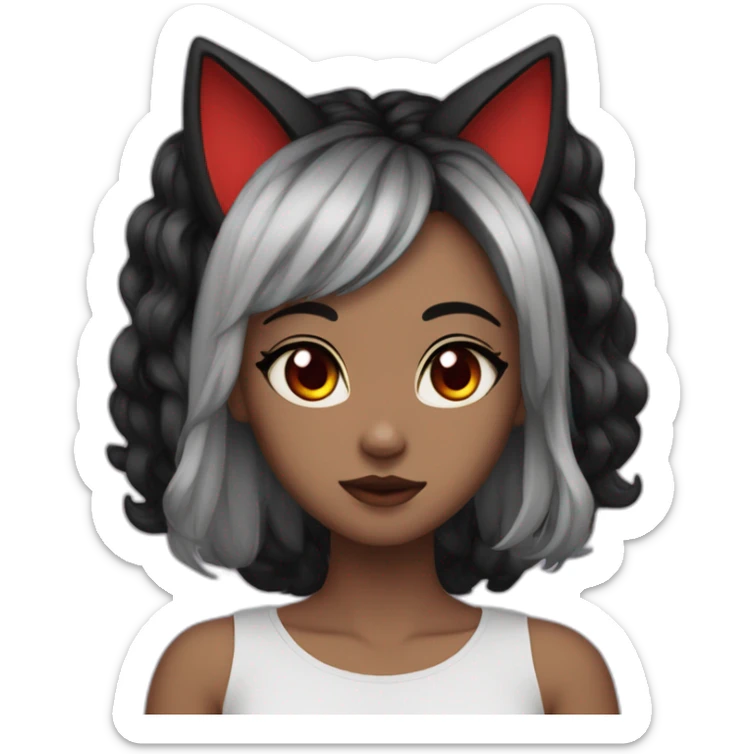 girl, cat ears, black hair, wavy hair, red eyes, black sclera sticker