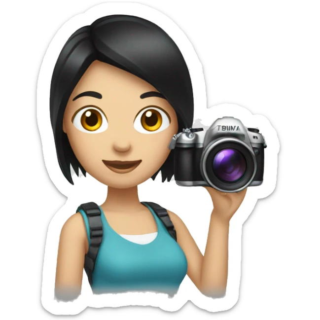 emoji of a brunette woman with straight black hair holding a photo camera sticker