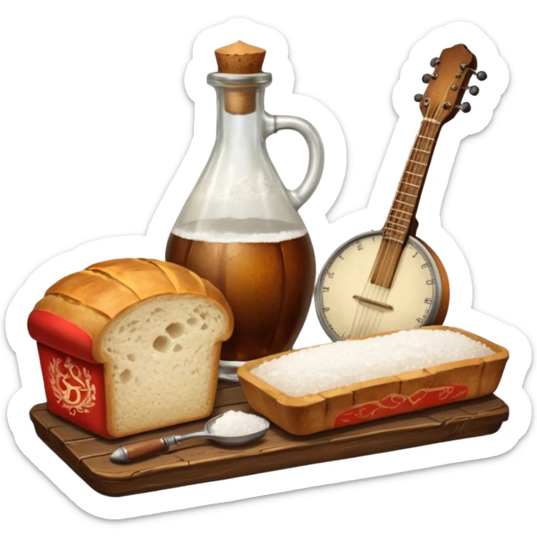 steampunk - a bottle of salt (salt shaker) and a loaf of peasant bread with a small mandolin - still life composition sticker