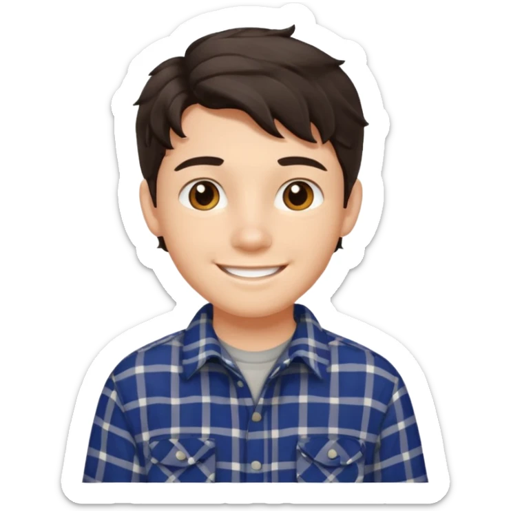 emoji of a teenage boy, wavy dark hair, wearing a plaid shirt, smiling sticker