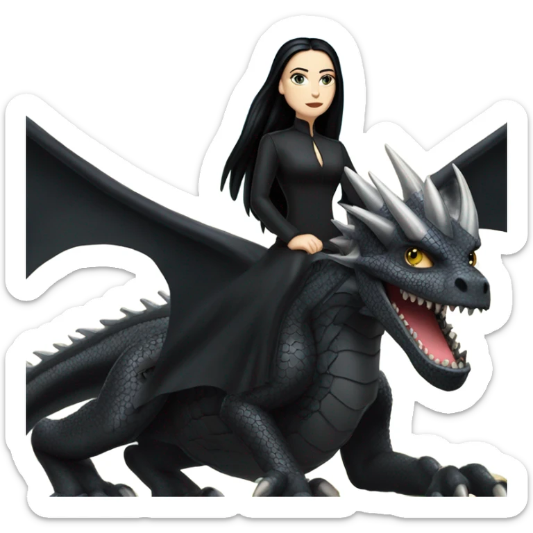Determined and beautiful armored teen Morticia Addams riding on the back of a giant black dragon sticker
