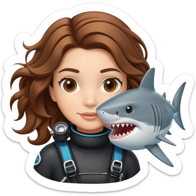 A scuba (brown wavy hair) girl and a shark sticker