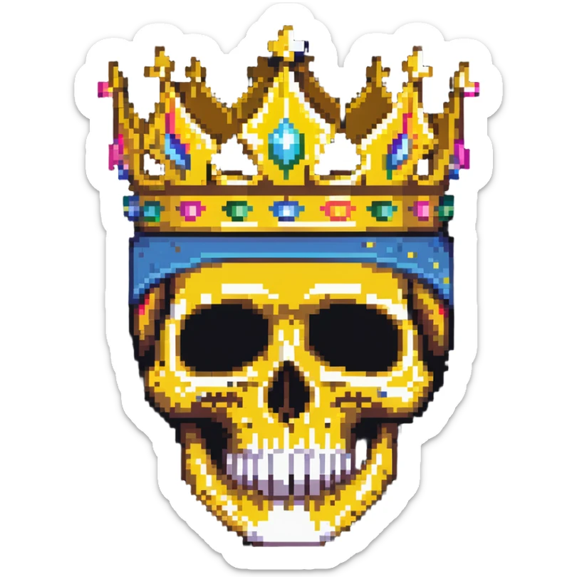 pixel art of a colorful skull with vibrant colors, wearing a gold crown and a bright ski mask sticker