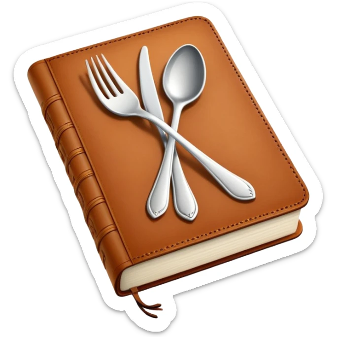 Closed cookbook with a fork and spoon symbol on the cover – collection of recipes sticker