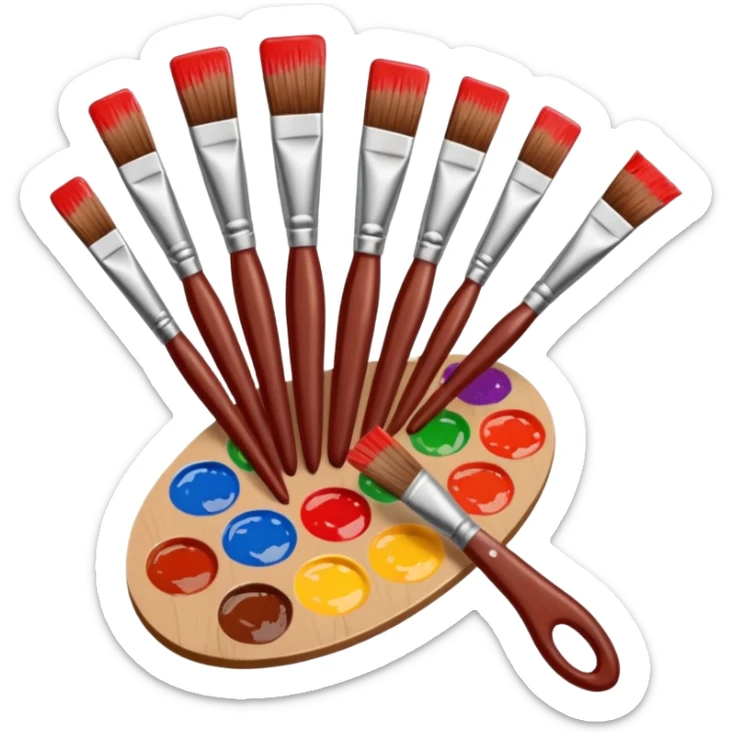 STICKER PINCEAUX ROUGE ET BRUN AVEC PALETTE DE PEINTURE ET TACHE DE PEINTURE sticker