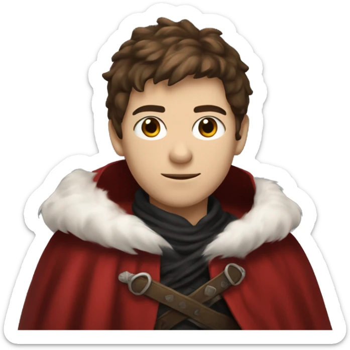 A young swordsman with messy brown hair wearing a red cloak with white fur, as well as a black scarf wrapped around his neck sticker