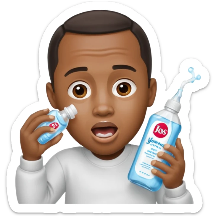 Diddy with his mouth open holding a bottle of johnshon anc johnson baby oil sticker