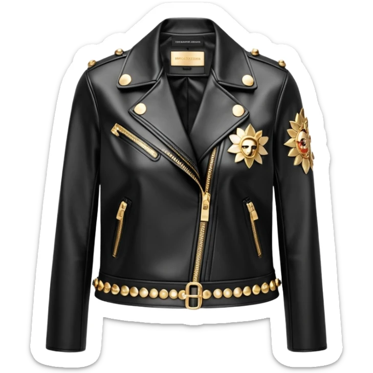 Dolce and gabanna brand Cropped leather jacket for women with 10k gold and metallic chrome edgy style embellishments. 8k, 5000x5000px, 3D rendering, realistic, isolated still life, no emoji faces no emoji icons no human figures  sticker