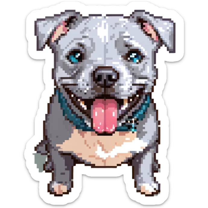 round circle puppy head only, full grey bleu staffy, big open mouth, big tongue out, stupid expression sticker