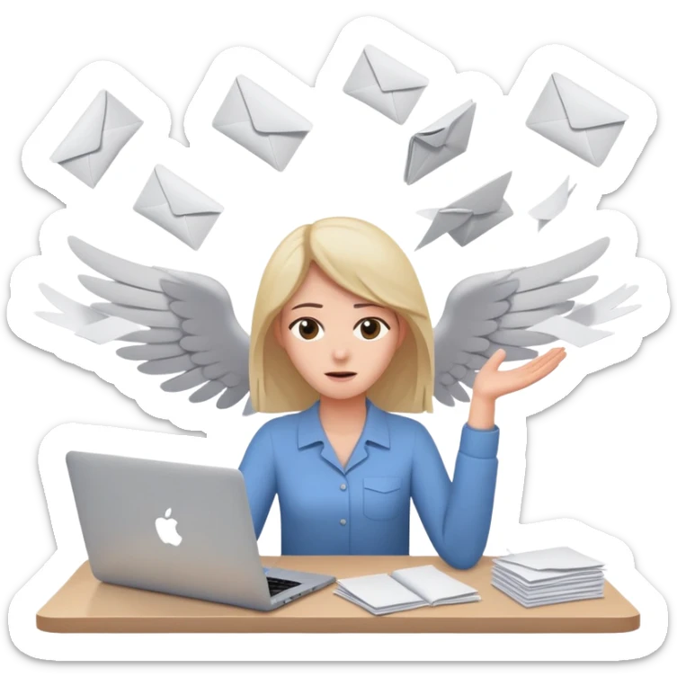 tired woman sitting at a desk with a MacBook, holding her arms out to the side, surrounded by flying papers sticker
