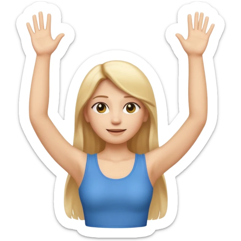 I want a white female animated gif emoji with long straight blonde hair putting hands up in the air. Wearing a tight no sleeve top  sticker