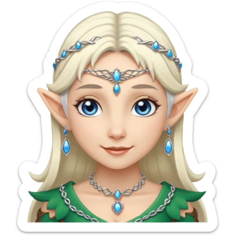 elf princess with pointy ears, white skin, silverblond hair with jewellery, blue eyes, gentle smile sticker