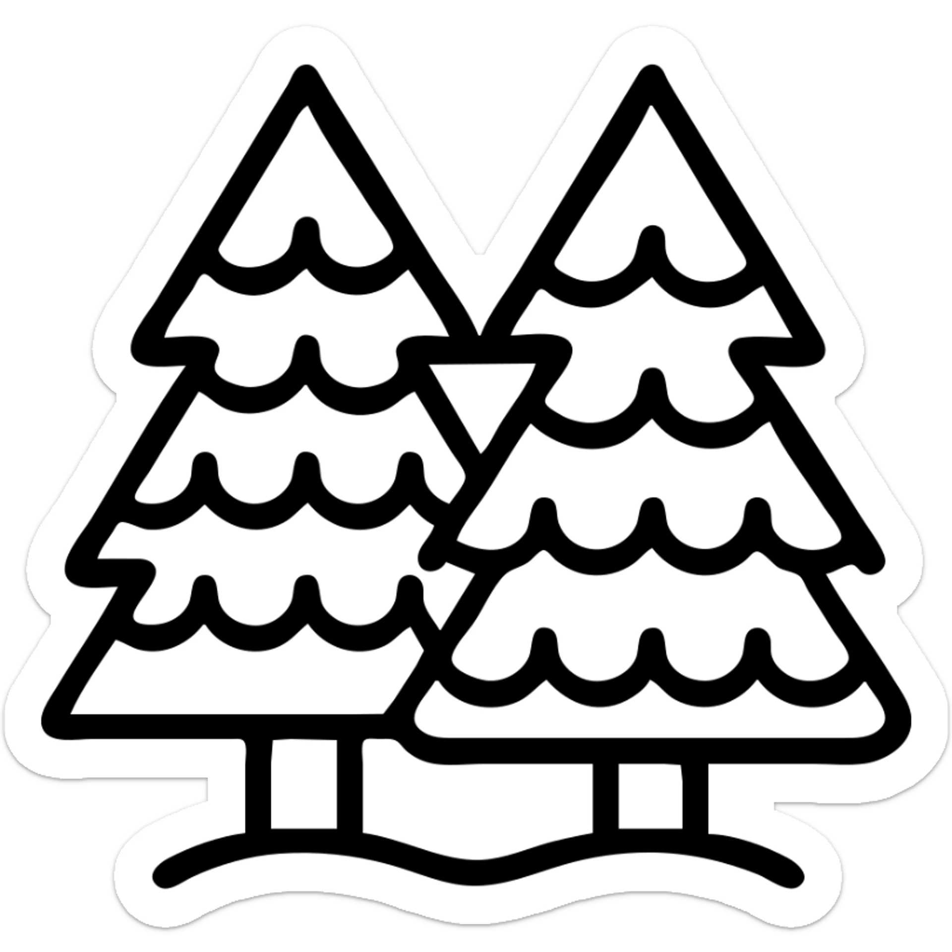 logo illustration of evergreen trees in folk art style, dark neutral forest color tones, with outlines, suitable for favicon sticker