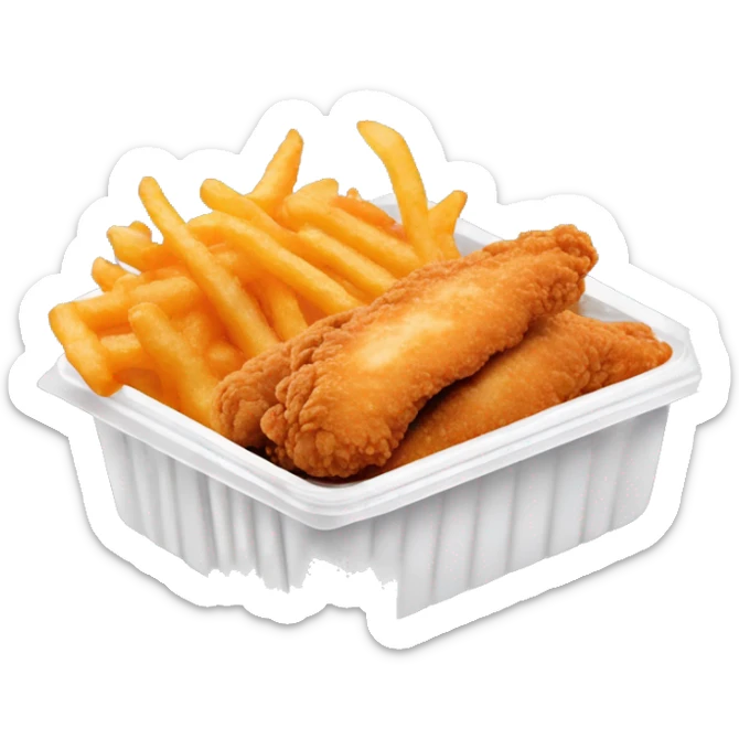 3 chicken tenders with crinkle fries and orange sauce on the side in a styrofoam container styrofoam container sticker