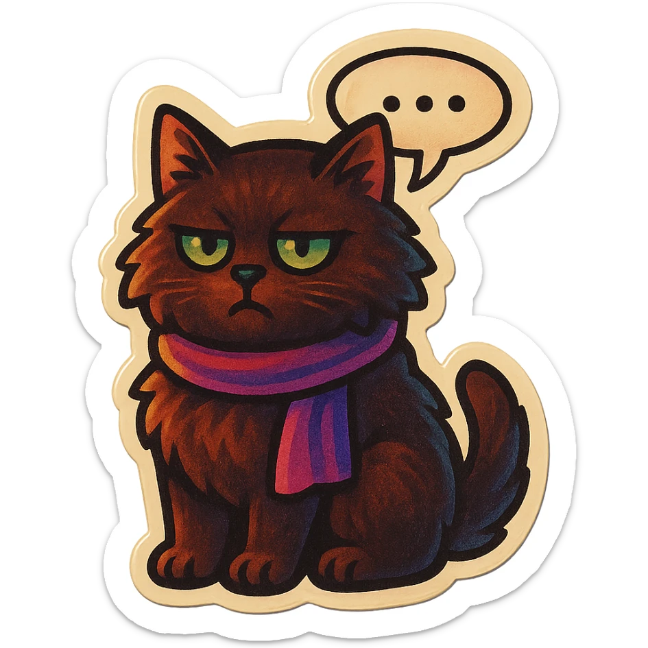 Fluffy dark-brown cat with green eyes and a purple scarf saying ‘…’ with a poker face (with a speech bubble) sticker