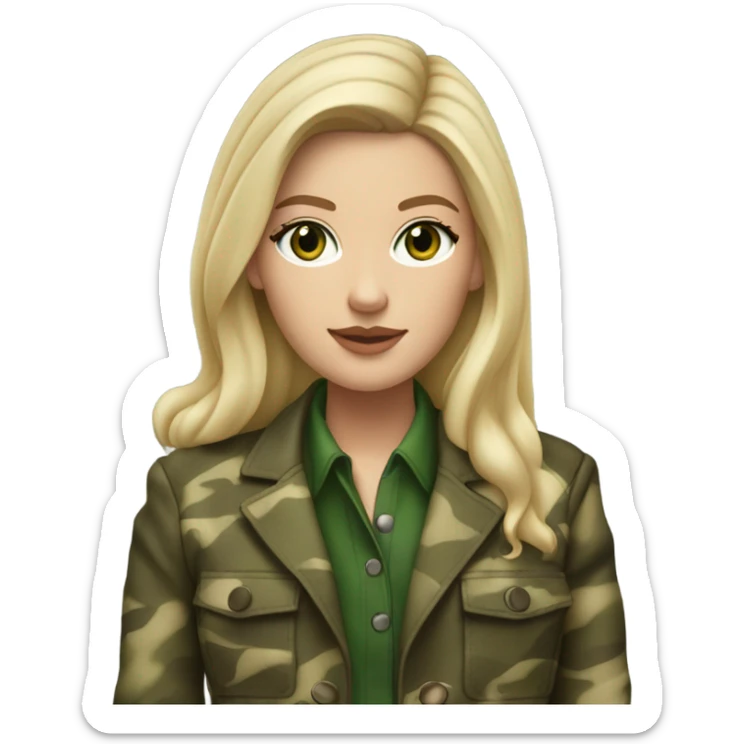 White girl with Long blonde hair and green eyes, camouflage Wool oversize blazer, mini skirt and Brown leather boots  sticker