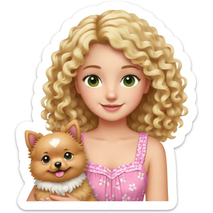 smiling girl with blonde curly hair and brown/Green eyes with a Blond Pomerania in a pink summer dress  sticker