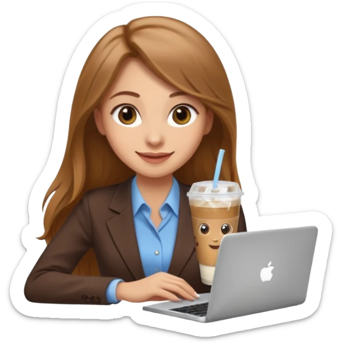 Women in front of laptop with a happy face, long light brown hair, light brown big eyes, light skin with a iced coffee on the side, business attire sticker