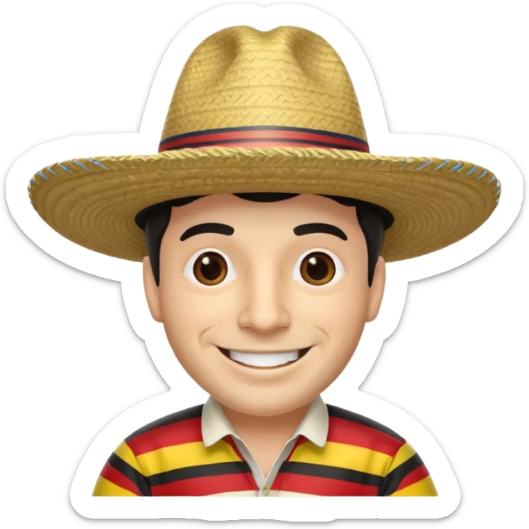 A happy fair skinned Colombian man wearing a Colombian sombrero that has black horizontal stripes sticker