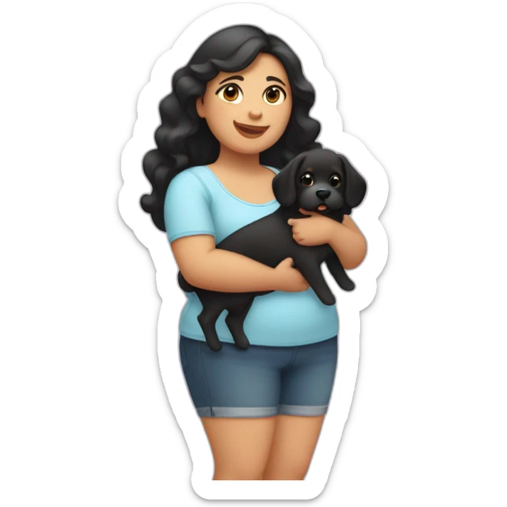 chubby fat fair girl with extra wavy black hairs holding dog in her arms sticker