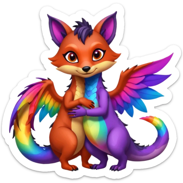 black female raccoon dragon hybrid with rainbow colored wings and purple eyes giving a big hug to a red female fox dragon hybrid with rainbow colored wings and orange eyes sticker
