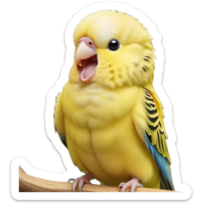 Cinematic Cute Yawning Yellow Budgie Portrait Emoji, Head tilted slightly with a dramatic, wide-open yawn, showcasing a soft, downy yellow feathered fur with gently drooping wings, round dark eyes barely open in drowsy contentment, Simplified yet irresistibly adorable features, highly detailed, glowing with a soft, cozy glow, high shine, relaxed yet expressive, stylized with a touch of whimsy, bright and endearing, soft glowing outline, capturing the essence of a sleepy yet affectionate budgie, so drowsy it feels like it could stretch out of the screen and curl up for a nap! sticker