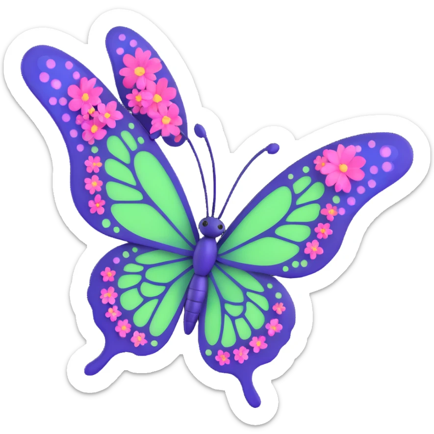 luxurious magical butterfly with vibrant #c0ff53 green wings, elegant purple edges, intricate fine vein patterns, softly glowing wings, surrounded by sparkling dust and magical floating particles, sleek deep blue body, dreamy pink flowers on wing edges, 3D cartoon style, elegant and fantastical sticker