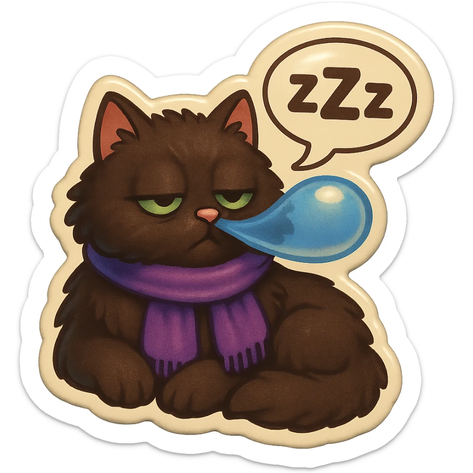 Fluffy cute sleepy dopey tired exhausted dark-brown cat with green eyes and a purple scarf saying ‘zZz’ with a snoring nose bubble (with a speech bubble) sticker