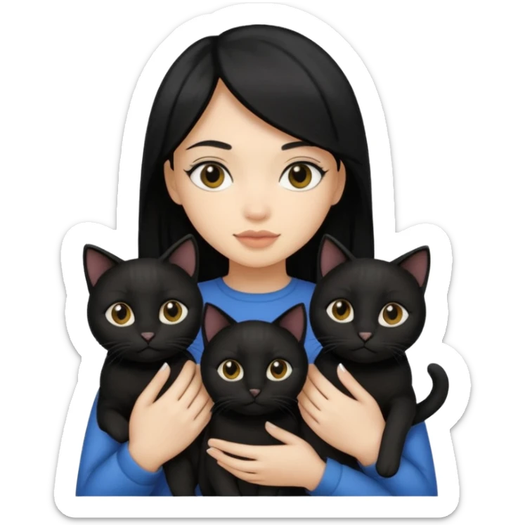 2 light skin tone girls with black straight hair holding 3 black cats sticker