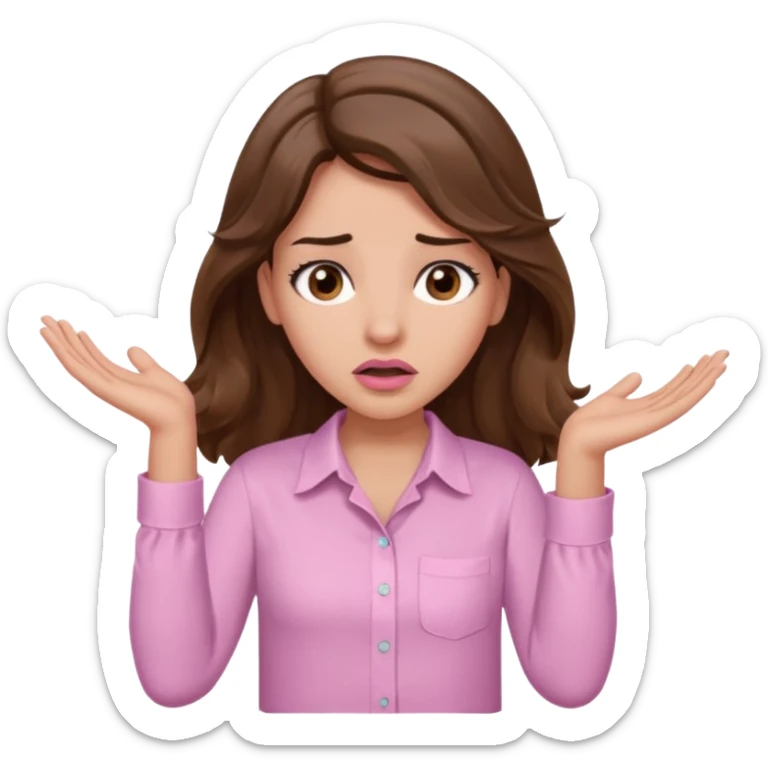 girl with wavy long brown hair, brown eyes, light to medium complexion, long lashes, light pink lipstick, wearing light pink shirt, shrugging with both hands, confused sticker