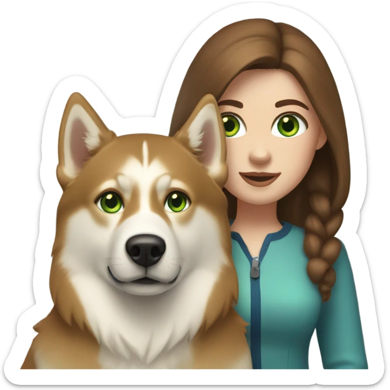 White Woman hair brown and bleus eyes and golden Husky With green eyes sticker