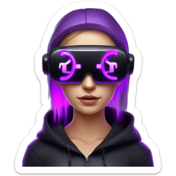 Russian girl wearing black hoody with violet letters "OMG", in vr headset oculus quest2. No eyes on headset. Cyberpunk style. Violet neon. sticker