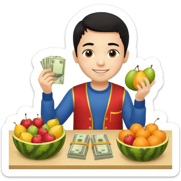 chico piel clara pelo negro con ropa de frutero sentado en una mesa contando mucho dinero sticker