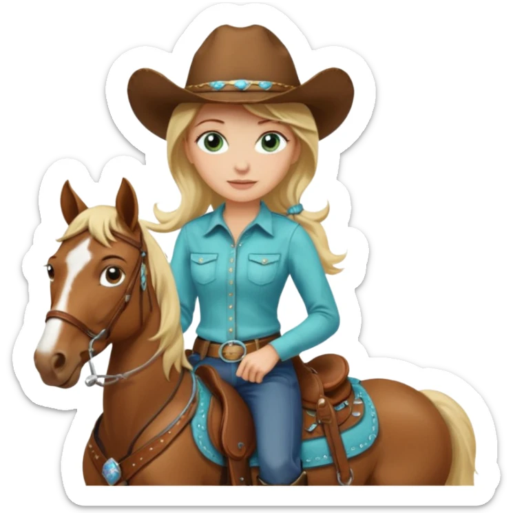one blonde with light blue green eyes cowgirl on a horse sticker