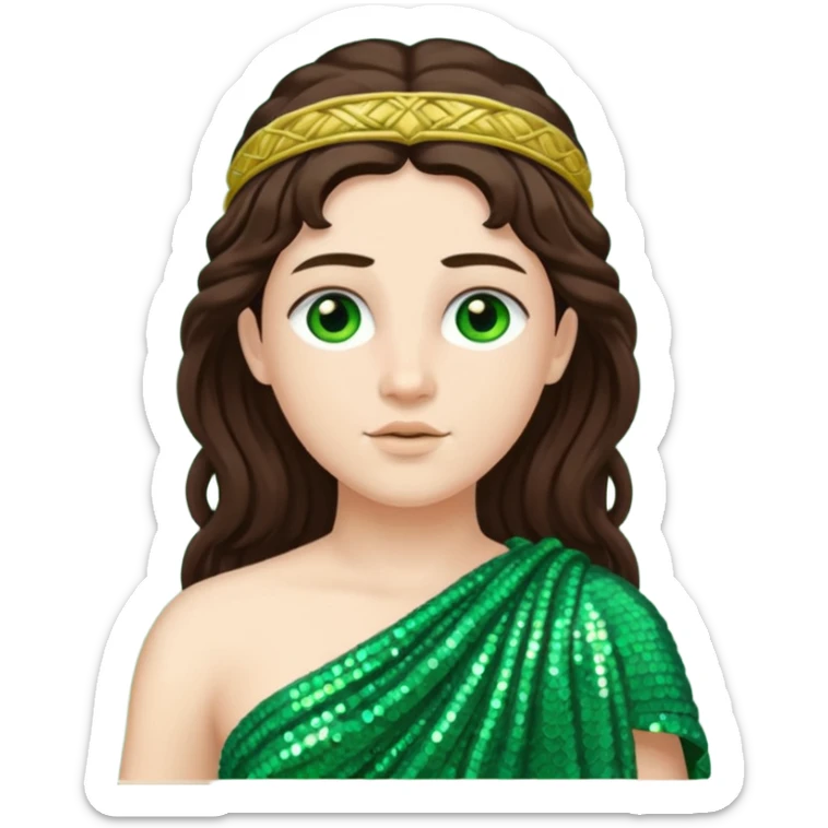 Juno from Roman Deities with long dark brown hair, green sequin toga sticker