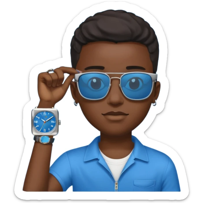 Un garçon noir avec des lunettes de soleil un peu bleu avec un cadran plutôt carré et SANS QU’ON VOIT SES YEUX. Et au dessus de sa tête il y a écrit BOUSs on dois pas voir ses yeux sticker