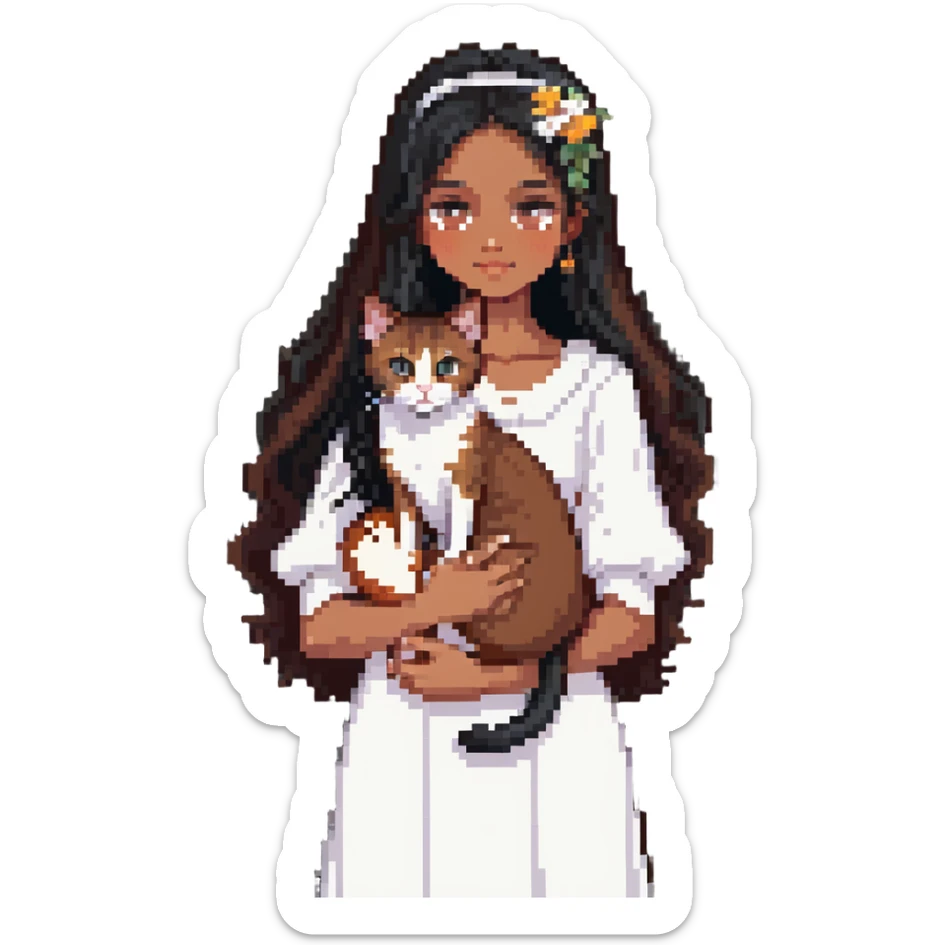 beautiful girl with long black hair wearing a white dress holding an Abyssinian cat with reddish-brown fur in her arms sticker