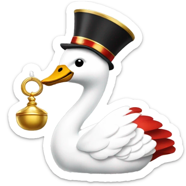 A swan wearing a jester's cap in red, white and gold. It has a champagne glass in one wing and a golden bell in the other sticker